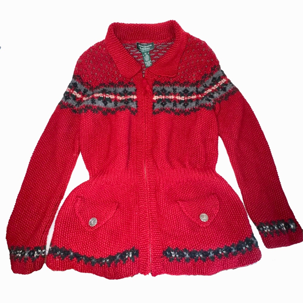 Ralph Lauren Sweater Cardigan 100%Wool Red Exclusive Hand Knit Fair Isle M - Picture 3 of 13